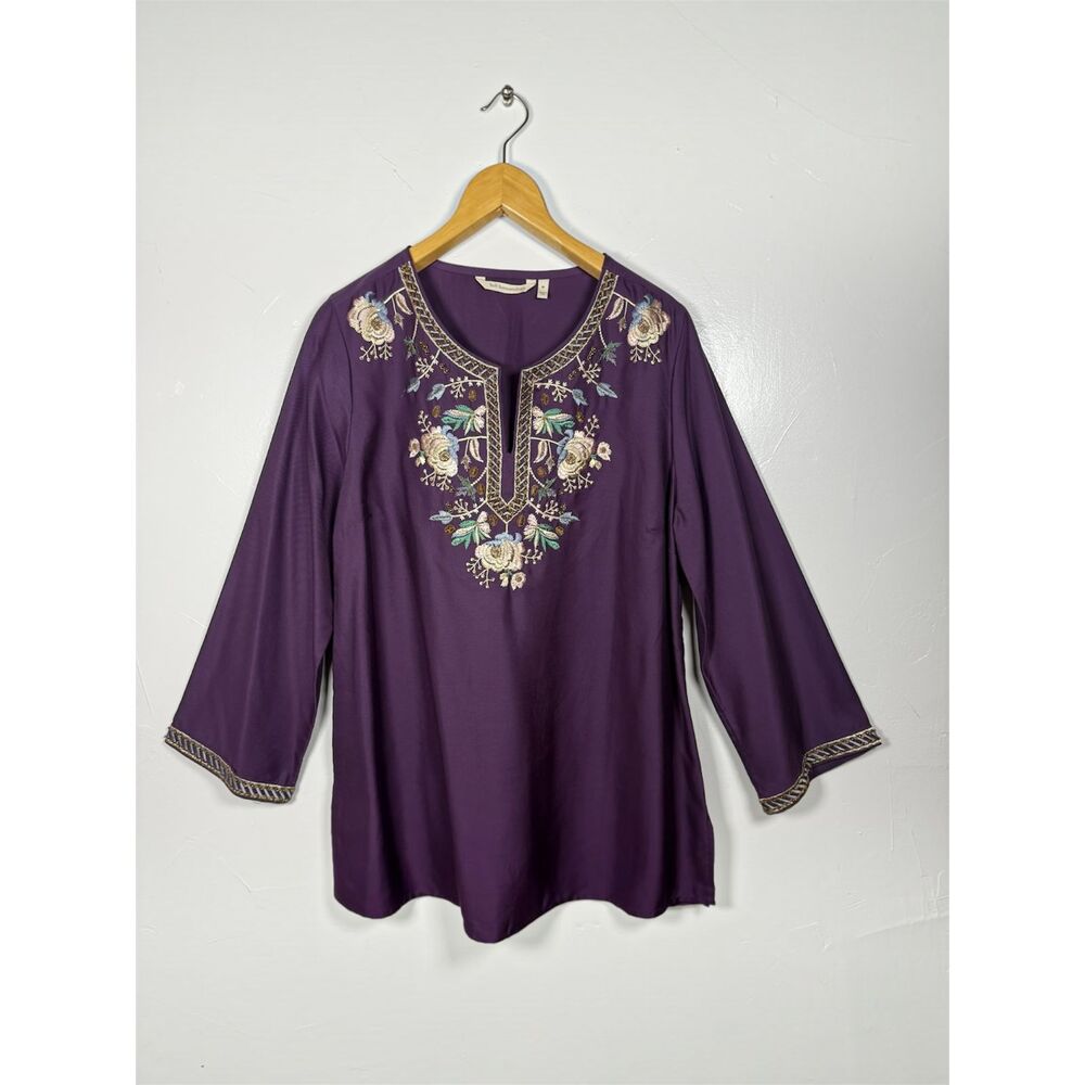 Soft Surroundings Plum Tunic Top Floral Embroidery Beaded Size Medium Boho Artsy